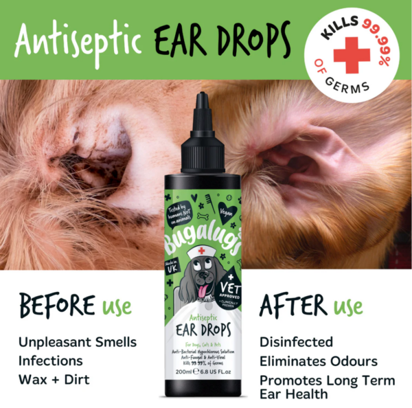 Bugalugs Antiseptic Ear Drops provide a comprehensive solution for ear care in pets, designed to relieve irritation caused by pollutants and irritants.