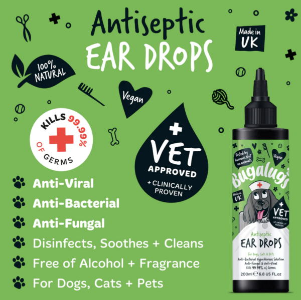 Bugalugs Antiseptic Ear Drops provide a comprehensive solution for ear care in pets, designed to relieve irritation caused by pollutants and irritants.